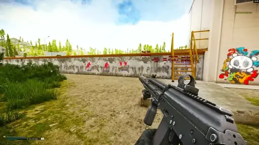 Escape From Tarkov first-person aim with red wallhack silhouettes and weapon labels visible through a concrete wall outdoors.