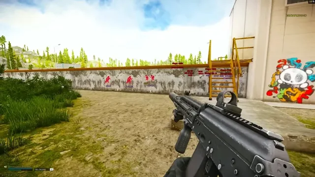 Escape From Tarkov-Ziel aus der ersten Person mit roten Wallhack-Silhouetten und Waffenetiketten, die durch eine Betonwand im Freien sichtbar sind.