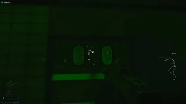 Escape From Tarkov-Nachtsichtszene mit skelettierten ESP-, PMC- und Scav-Etiketten und Zählerständen, die durch Innenwände sichtbar sind.