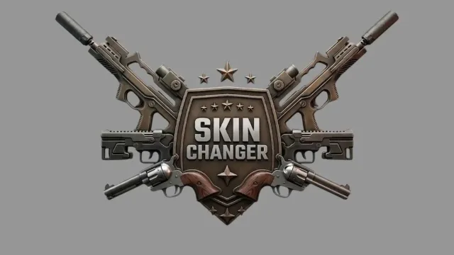 Emblema de Skin Changer: un escudo metálico con el texto Skin Changer, rifles cruzados, revólveres y estrellas.