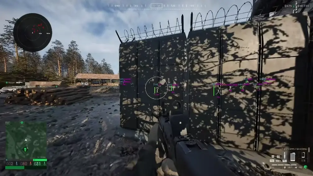 Tarkov raid still with ESP overlays and radar.