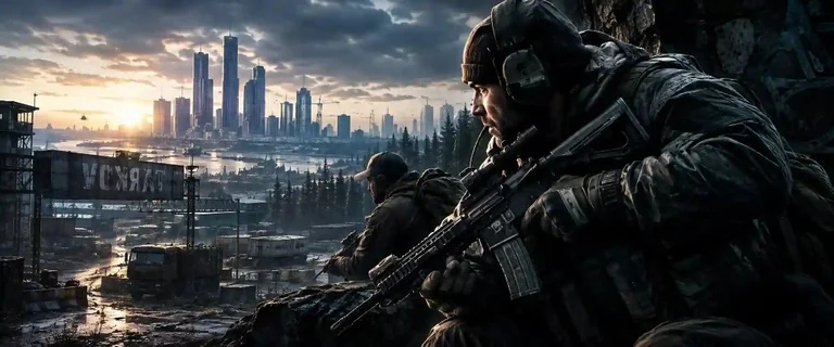 Tactical operators overlooking a city skyline at dusk, Escape From Tarkov Cheats site banner.